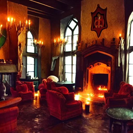 Image similar to A photograph of the Gryffindor common room, cozy arm chairs, a fire burning in the hearth, high ceilings, lit by many candles, light rays, magic aura, bloom, mysterious