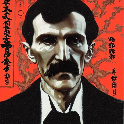 Image similar to portrait of nikola tesla, hanafuda oil on canvas by ivan shishkin, james jean and yoji shinkawa