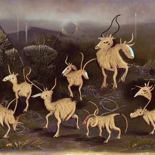 Image similar to a band of little horned creatures with weapons and nets and traps looking menacingly