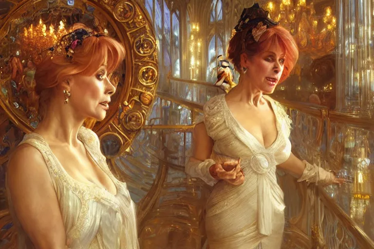 Image similar to barbara windsor singing a hall of mirrors, real life skin, intricate, elegant, highly detailed, artstation, concept art, smooth, sharp focus, art by artgerm and greg rutkowski and alphonse mucha