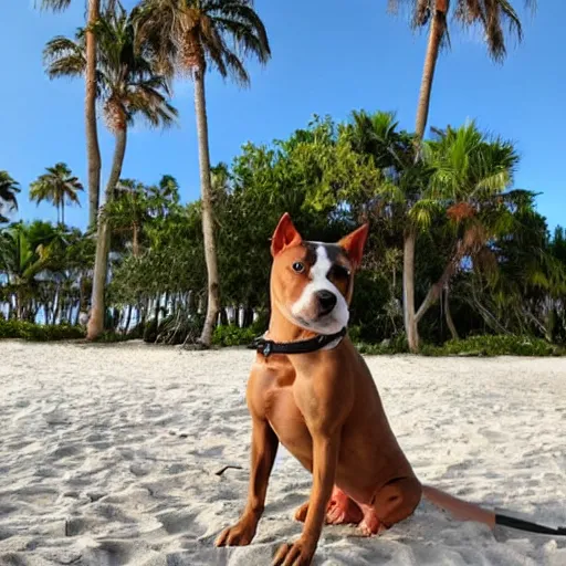 Prompt: an american pitpull terrier on an island beach with palm trees in the background