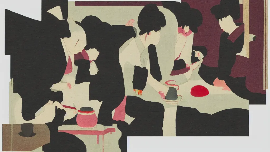 Image similar to a small tea ceremony, japan, a collage painting, in the style of wes anderson, lola dupre, david hockney, isolated on negative white space background dark monochrome neon spraypaint accents volumetric octane render