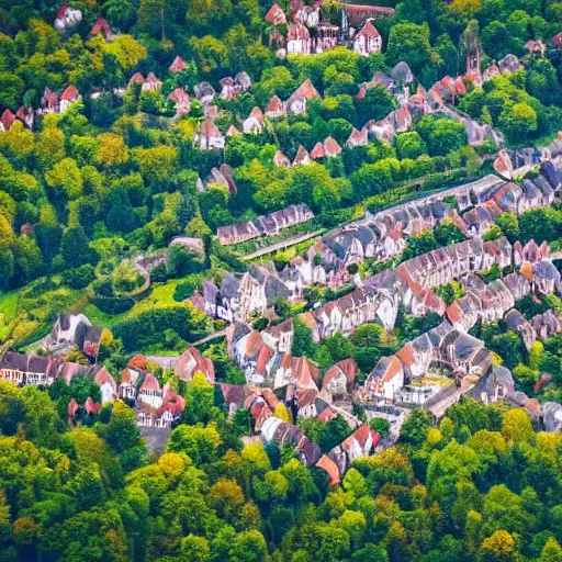 Image similar to beautiful aerial view of a small british town surrounded by a forest