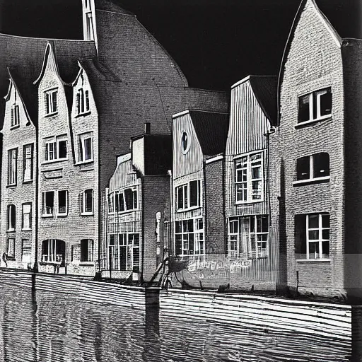 Prompt: an Ink drawing of Amiens, Northern France, waterfront houses, high contrast, black and white, by bill brandt