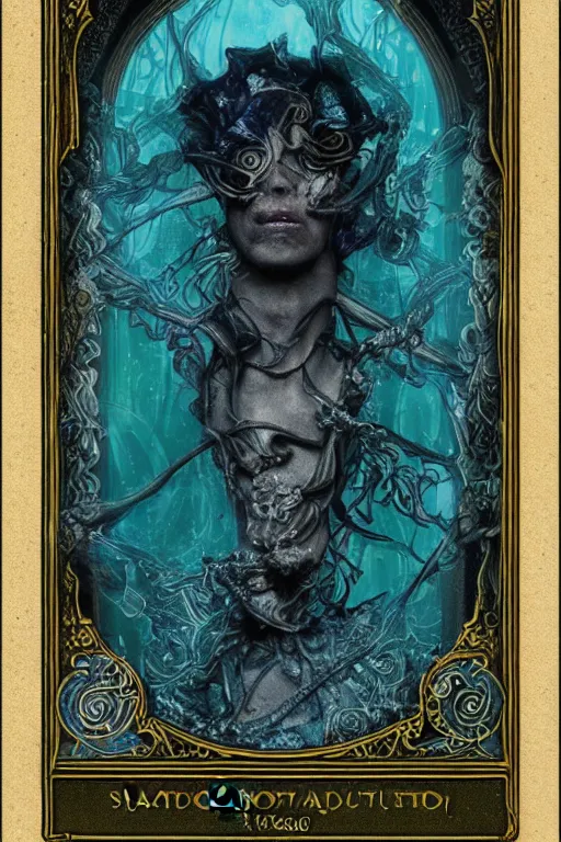 Image similar to Tarot card of the Shadow King, highly detailed portrait, gothic, high fantasy, Teal paper, Smoke swirls, ultra-detailed, ornate, elaborate, intricate metallic details, mixed media, realistic composition, point of interest at golden ratio, light from top, more darkness on bottom, high quality of sketching, highly detailed, octane render, 8k,