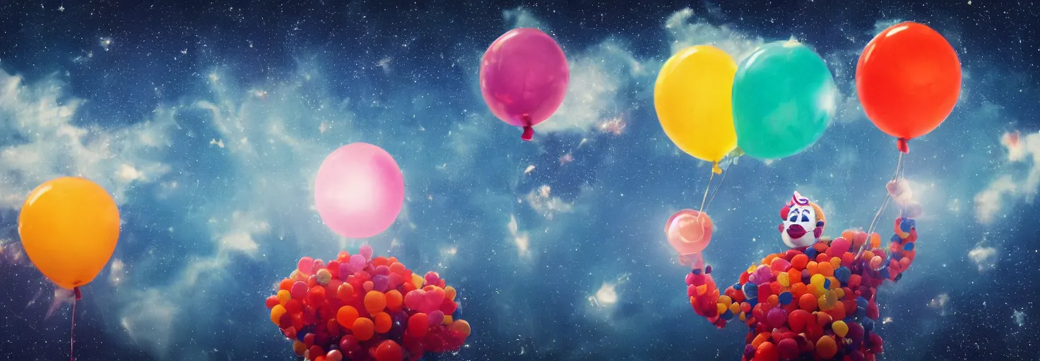 Prompt: floating clown and balloons, entire planet Earth in the background, in space, cosmos, sky full of stars, inspiring, epic, cinematic, award-winning, highly-detailed