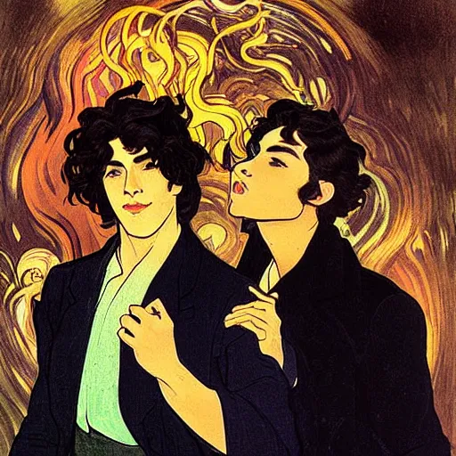 Image similar to painting of young cute handsome beautiful dark medium wavy hair man in his 2 0 s named shadow taehyung and cute handsome beautiful min - jun together at the halloween! party, bubbling cauldron!, candles!, smoke, autumn! colors, elegant, wearing suits!, delicate facial features, art by alphonse mucha, vincent van gogh, egon schiele