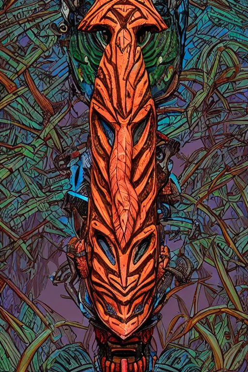 Image similar to totem animal tribal vodoo mask feather gemstone plant global illumination ray tracing hdr that looks like it is from borderlands and by feng zhu and loish and laurie greasley, victo ngai, andreas rocha, john harris