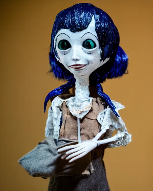 Image similar to a creepy paper mache doll of a coraline, realistic, very detailed, complex, intricate, studio lighting, bokeh, sigma 5 0 mm f 1. 4