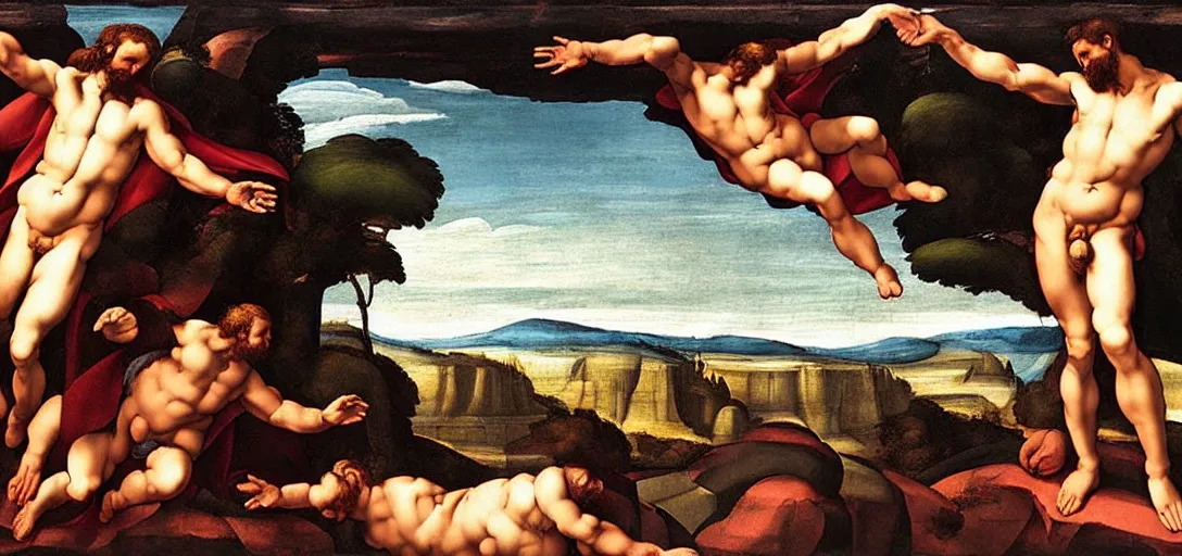 Image similar to the creation of adam painting by artist michelangelo