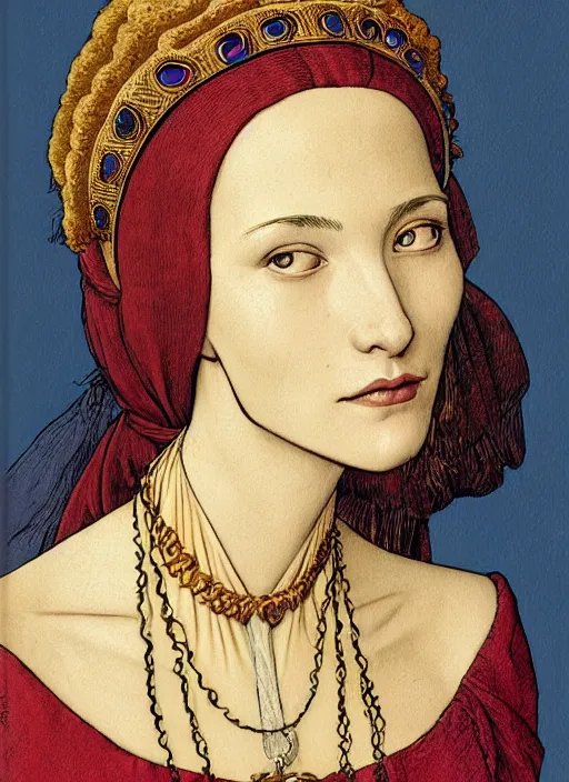 Prompt: portrait of young woman in renaissance dress and renaissance headdress, art by moebius