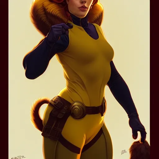 Prompt: Full-Body Portrait of Squirrel Girl, cosplay, Marvel, fantasy, intricate, elegant, highly detailed, nature, yellow mist, digital painting, artstation, concept art, matte, sharp focus, illustration, art by Artgerm and Greg Rutkowski and Alphonse Mucha