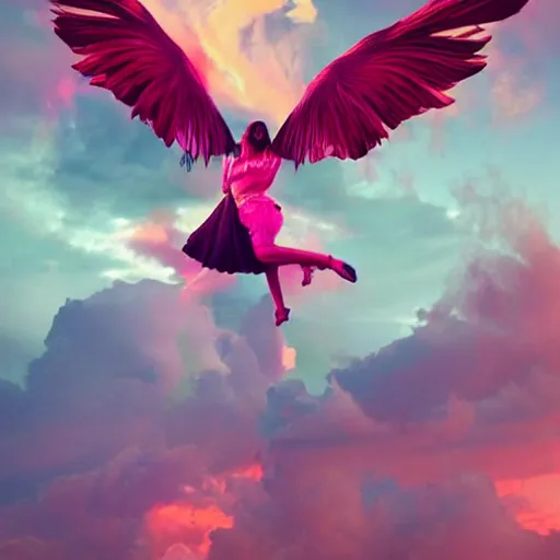 Prompt: a goddess wearing a flamingo fashion up there in sky, sci - fi aesthetics, on fire, photoshop, colossal, creative and cool, giant, digital art, photo manipulation, clouds