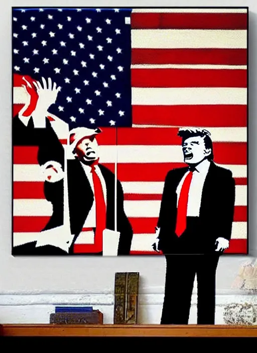 Image similar to banksy donald trump the wolf of wall street art on canvas