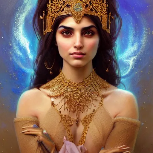 Image similar to Beautiful portrait of a Persian Princess who is an architect, beautiful princess, face painting, beautiful body, attractive, babe, dramatic lighting, intricate, wild, highly detailed, digital painting, artstation, concept art, smooth, sharp focus, illustration, art by artgerm and greg rutkowski and alphonse mucha, footage from space camera