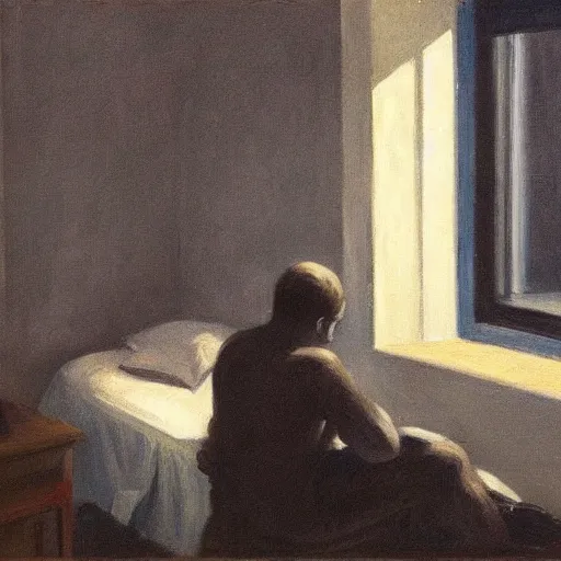 Image similar to a stable diffusion user refusing to sleep even though he can ’ t feel his eyes. in the style of regret and edward hopper. goodnight dreamers 👋💤.