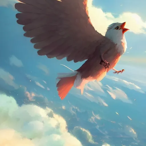 Prompt: magical bird, flying above the clouds, cgsociety masterpiece, artstation trending, by rossdraws, ghibli, kimi no na wa, greg rutkowski, simon stalberg, greg manchess