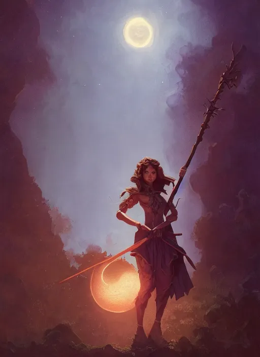 Image similar to hyper realistic photo of beautiful conjurer girl holding a magic staff under the moonlight, full body, rule of thirds, conceptart, saturated colors, cinematic, greg rutkowski, brom, james gurney, mignola, craig mullins, artstation, cgsociety