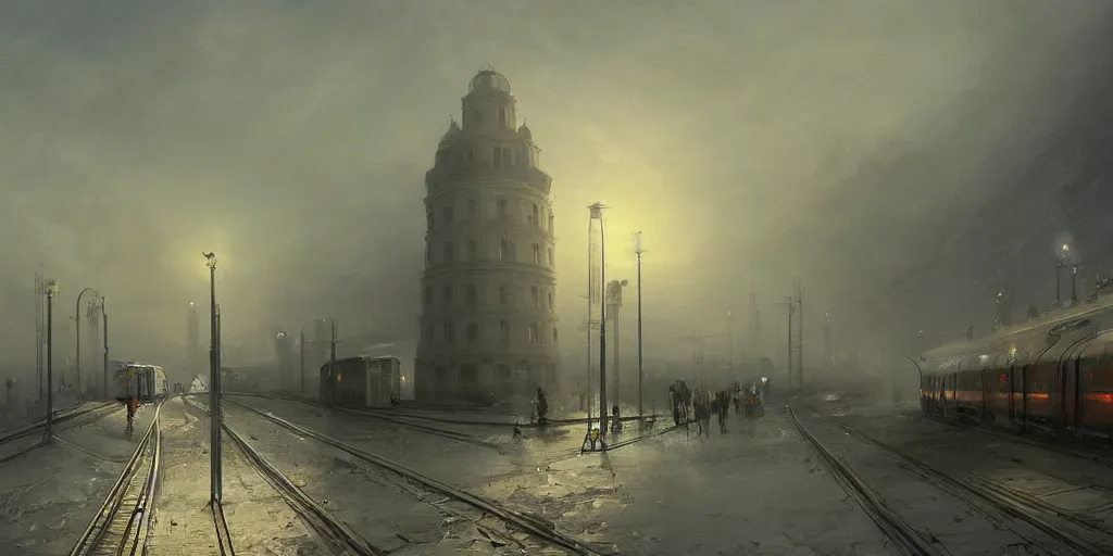 Image similar to 2 0 4 5 train station city landscale, concept art, illustration, highly detailed, artwork, hyper realistic, in style of ivan aivazovsky