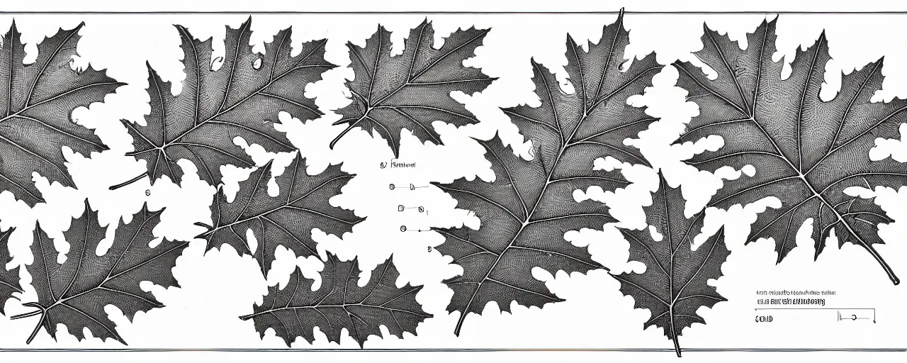 Prompt: a full page schematic diagram illustration of an hybrid between oak leaf and wine leaf, ultra detailed, 4 k, intricate, encyclopedia illustration, fine inking lines