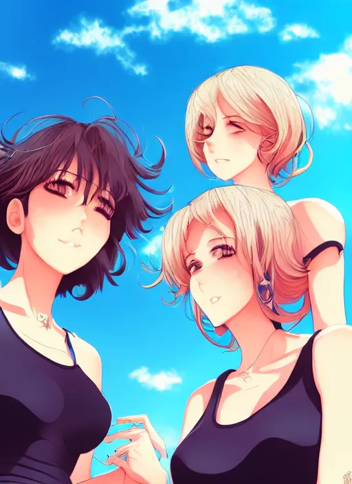 Image similar to two beautiful mature women under a blue sky, casual summer clothes, gorgeous faces, thick lines, cinematic lighting, detailed anime art