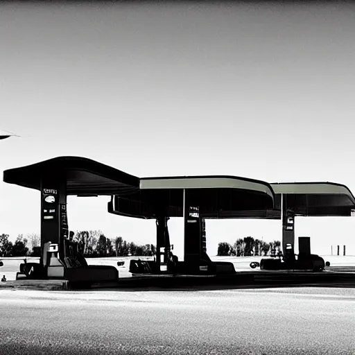 Image similar to a fuel station in the style of a 1 9 2 0 s sci - fi poster, reuben wu, roger deakins, h 1 0 2 4