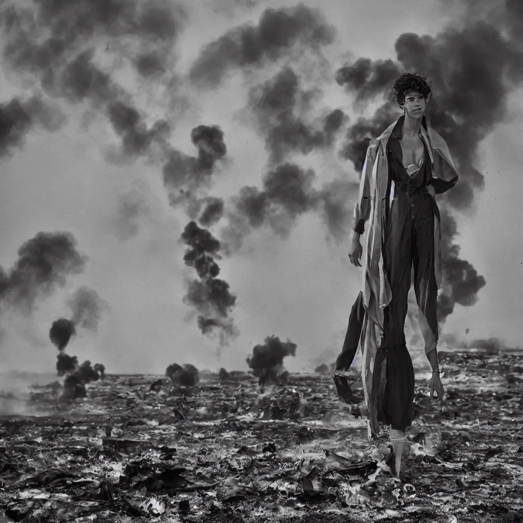 Prompt: portrait photograph fashion editorial in Kuwait oil fields fire. 1991. wide angle shot. highly detailed. depth of field. high definition. 8k. photography.