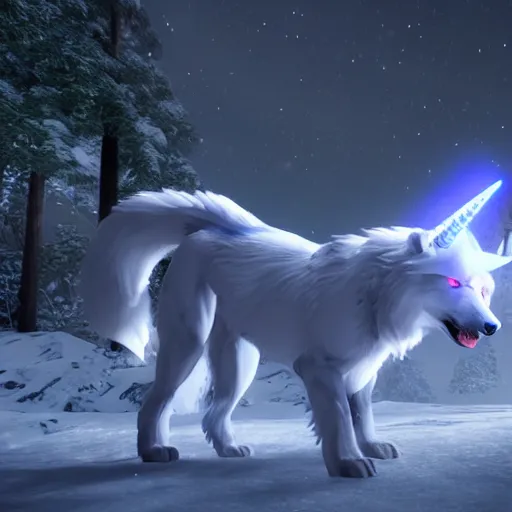 Image similar to a giant blue wolf with a white main and two unicorn horns, a white star shape on his forehead, yellow eyes, beautiful, ultra realistic, great wolf, unreal engine 5, dynamic lighting, highly detailed, lightning around