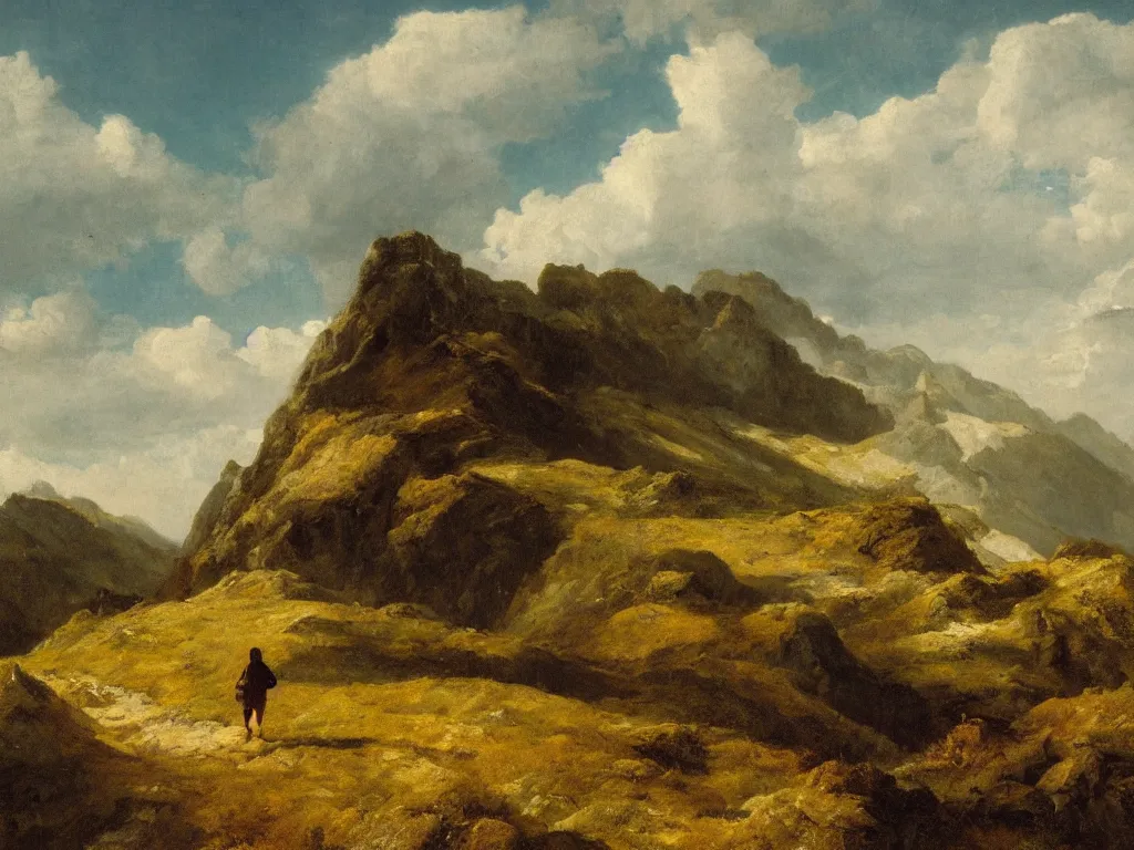 Image similar to A traveler wandering trough the mountains looking at the clouds, neo-romanticism