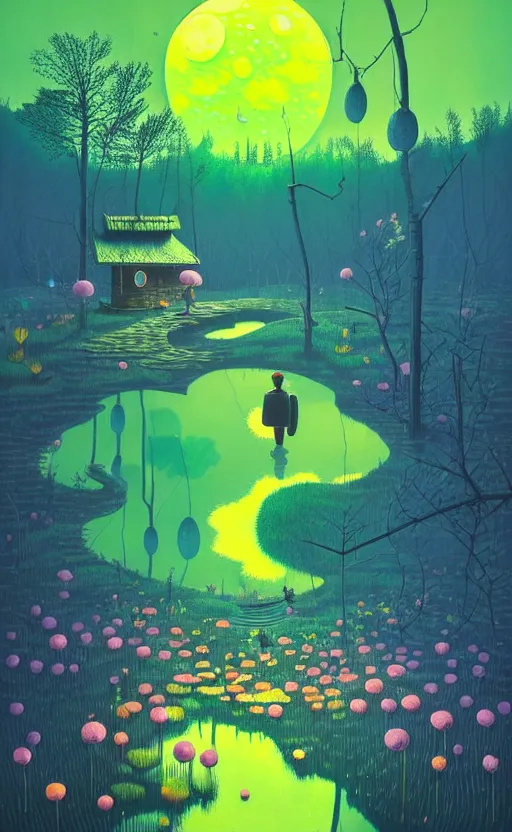 Image similar to ( ( ( gediminas pranckevicius ) ) ), a pond in the forest, moonlight, flower garden summer morning, very coherent and colorful high contrast art by simon stalenhag james gilleard floralpunk screen printing woodblock, dark shadows, pastel color, hard lighting