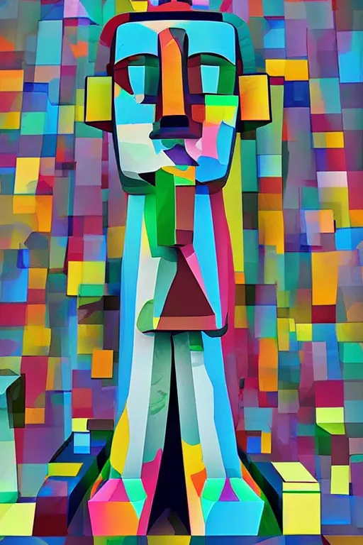 Image similar to cubist moai statue cutout digital illustration cartoon colorful beeple