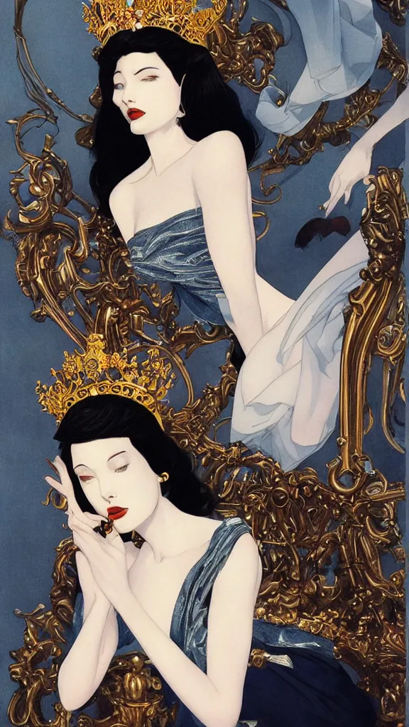 Image similar to a beautiful black haired woman with pale skin and a crown on her head sitted on an intricate metal throne new york circa 1 9 8 4 edward hopper and james gilleard, surreal, open ceiling, highly detailed, airbrush, ilya kuvshinov, wlop, stanley artgerm, very coherent, art by takato yamamoto and james jean