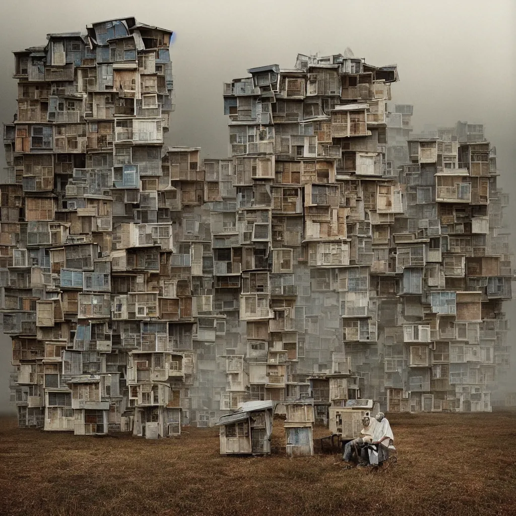 Image similar to towers made up of stacked makeshift squatter shacks with faded colours suspended over a quagmire, plain uniform sky at the back, misty, mamiya, ultra sharp, very detailed, photographed by julie blackmon, cristina de middel and john chiara