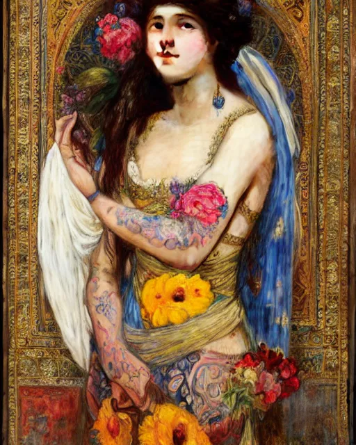 Image similar to a beautiful girl in a wedding dress with colourful tattoos surrounded by colourful flowers orientalist intricate portrait by john william waterhouse and edwin longsden long and theodore ralli and nasreddine dinet, oil on canvas. cinematic, hyper realism, dramatic lighting, high detail 8 k