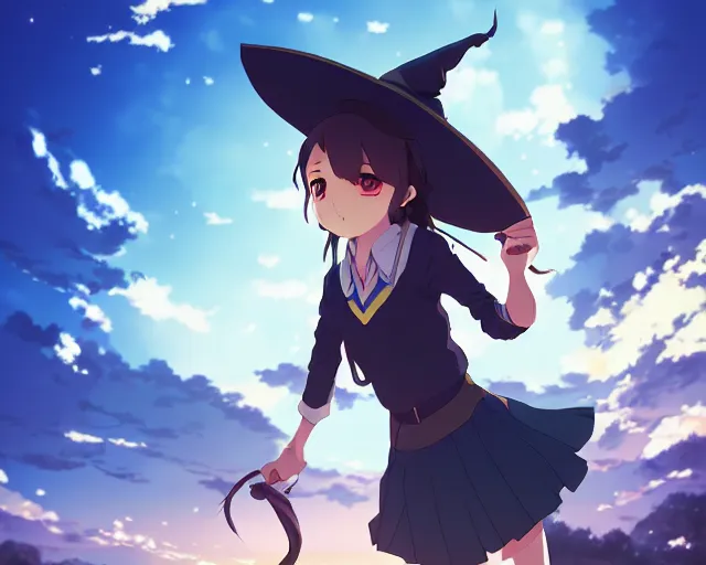 Image similar to key anime visual portrait of a young female in a village, dynamic pose, dynamic perspective, cinematic, dramatic lighting, muted colors, detailed silhouette, textured, finely detailed eyes, anime proportions, little witch academia