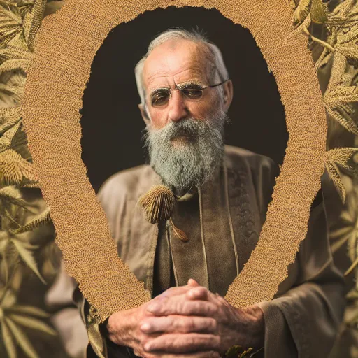 Image similar to an 8k digital photograph of an old man in a kings costume standing with a hemp bud in his hands