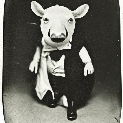 Prompt: A daguerreotype photograph of a tapir wearing a tuxedo.