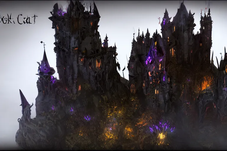 Image similar to big evil fairy castle - city rock dark shadow elves, might and magic heroes 7, dark fantasy, shadows, artstation trending, unreal engine 5, red