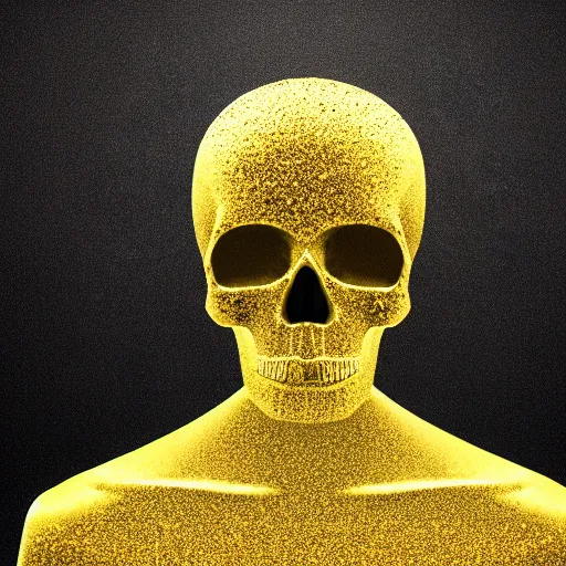 Prompt: the gold particles form a human skull on a black background, adobe aftereffects