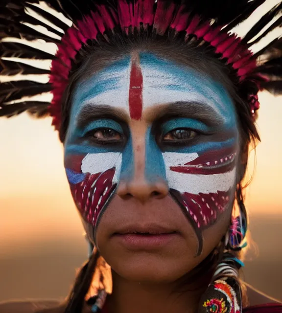 Image similar to A high-quality photorealistic face-centered portrait of a beautiful young native american navajo woman wearing face paint at sunset, by Steve McCurry and Brian Ingram and Annie Leibovitz, trending on flickr, trending on deviantArt