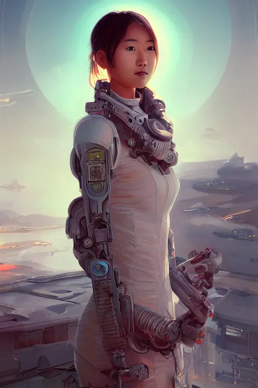 Image similar to portrait futuristic asian airforce girl, looking at the camera, in future airport rooftop , sci-fi, fantasy, intricate, very very beautiful, elegant, human anatomy, neon light, highly detailed, digital painting, artstation, concept art, smooth, sharp focus, illustration, art by tian zi and WLOP and alphonse mucha