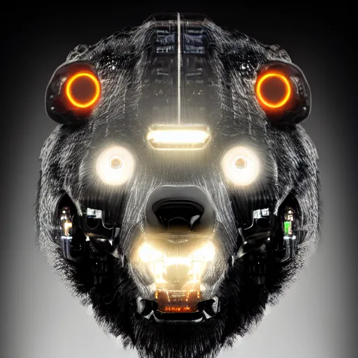 Image similar to an immaculate high key lighting headshot rendering of a cybernetic grizzly with embedded LEDs, a cybernetic eye, and an exoskeleton.