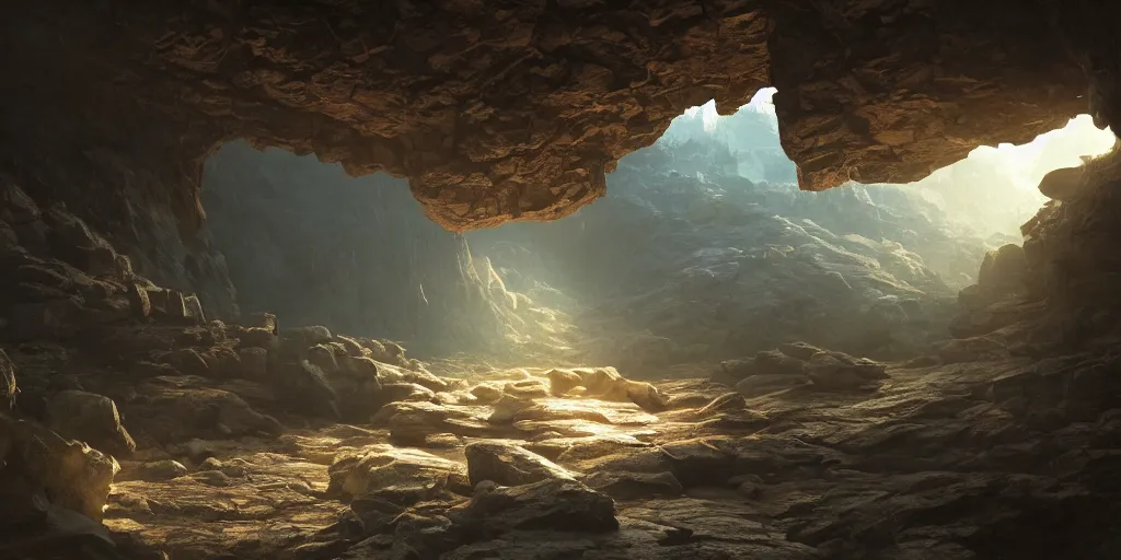 Image similar to discovery of a highly advanced civilization in a mechanical robot cave with minimal lighting in the style of thomas cole, cinematic lighting, raytracing, 8 k, octane render, volumetric, vivid, beautiful, hyperrealism