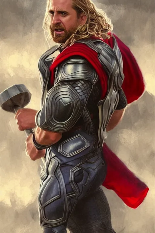 Image similar to Michael Scott as Thor, Thor costume, Michael Scott hairstyle, Thor body type, Michael Scott Face, calm, grumpy, portrait, masculine figure, highly detailed, digital painting, artstation, concept art, smooth, sharp focus, illustration, cinematic lighting, art by artgerm and greg rutkowski and alphonse mucha