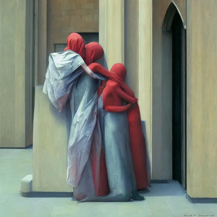 Image similar to two women hugging with a paper bag over the head, dressed in plastic bags, inside magnificent cathedral, highly detailed, artstation, art by , edward hopper, zdislav beksinski, wayne barlowe