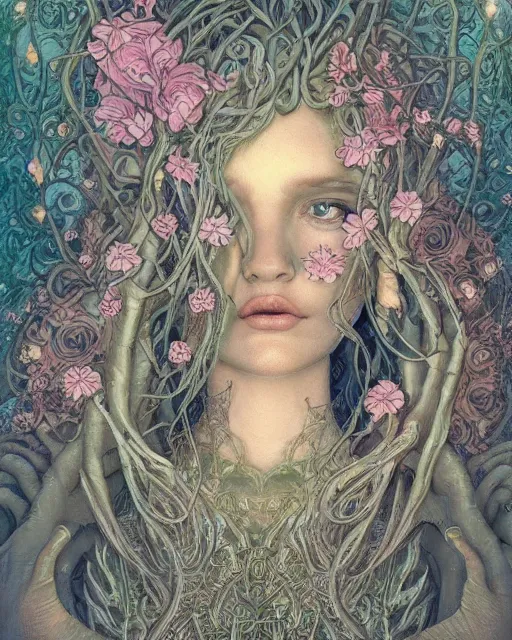 Image similar to centered beautiful detailed front view portrait of a woman with ornate growing around, ornamentation, flowers, elegant, beautifully soft lit, full frame, by wayne barlowe, peter mohrbacher, kelly mckernan,