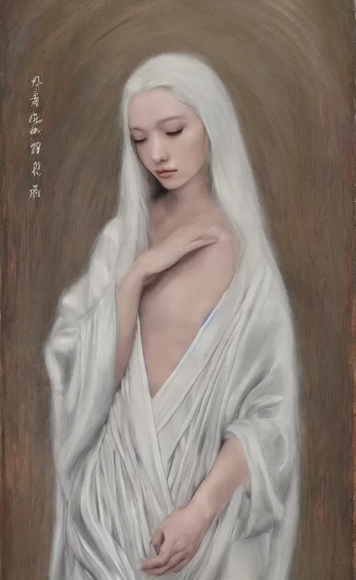 Image similar to angelic beauty with silver hair so pale and wan! and thin!?, flowing robes, covered in robes, lone pale asian white goddess, wearing robes of silver, flowing, pale skin, young cute face, covered!!, clothed!! lucien levy - dhurmer, jean deville, oil on canvas, 4 k resolution, aesthetic!, mystery