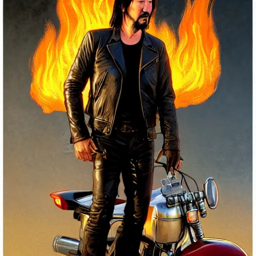 Image similar to handsome Keanu Reeves wearing a leather jacket on fire next to a flaming harley davidson, western, D&D, fantasy, intricate, elegant, highly detailed, digital painting, artstation, concept art, matte, sharp focus, illustration, art by Artgerm and Greg Rutkowski and Alphonse Mucha