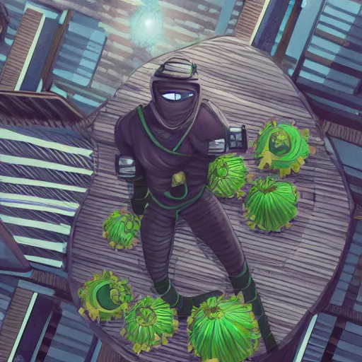 Image similar to a lunarpunk ninja on the roof of a building overhead view, digital art, trending on artstation, behance, deviantart