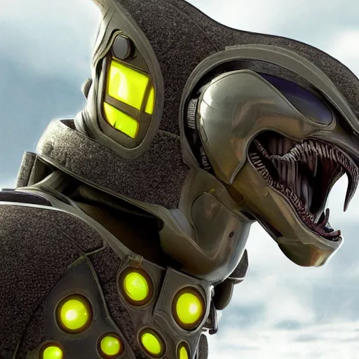 Image similar to a futuristic humanoid with cat-like features, yellow eyes, teeth that protrude past the lower lip and fine grayish fur on their faces and backs of their hands wearing alien armor and carrying an energy rifle